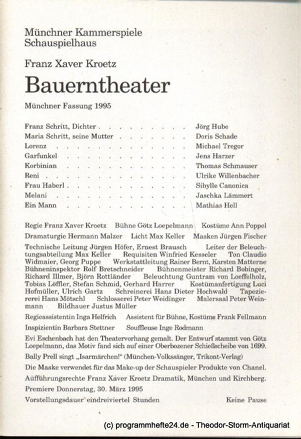 Programmheft Bauerntheater von Franz Xaver Kroetz. Münchner Fassung 1995. Premie