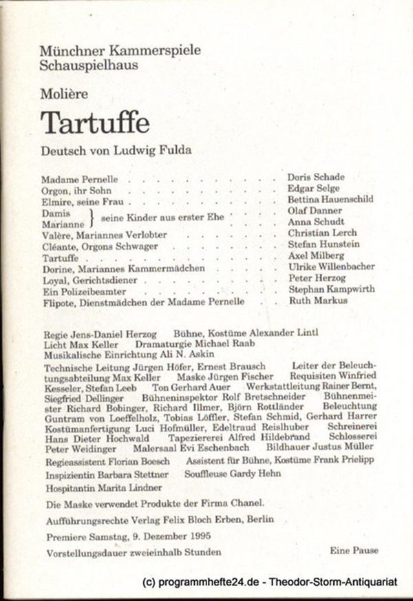 Programmheft Tartuffe von Moliere. Premiere Samstag, 9. Dezember 1995 Spielzeit