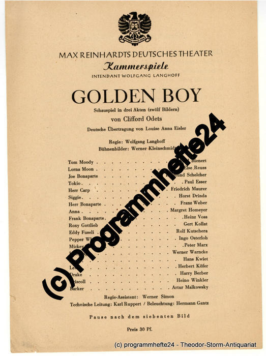 Theaterzettel GOLDEN BOY. Max Reinhardts Deutsches Theater 1950