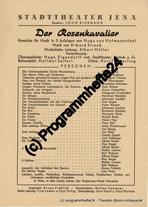 Theaterzettel Der Rosenkavalier. Stadttheater Jena 1948