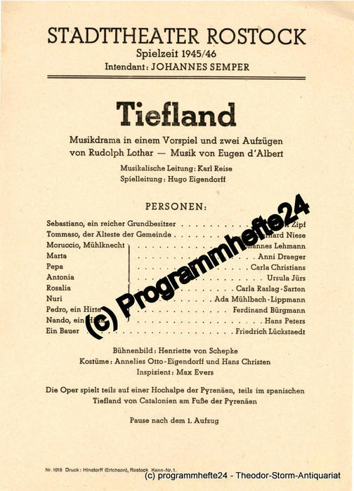 Theaterzettel TIEFLAND. Stadttheater Rostock Spielzeit 1945 / 46