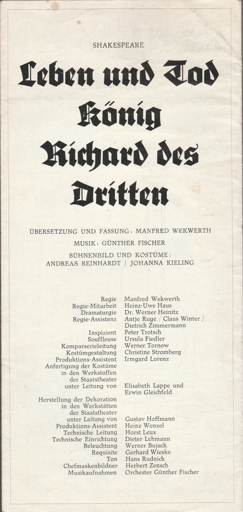 Programmheft Shakespeare LEBEN UND TOD KÖNIG RICHARD III Deutsches Theater 1972