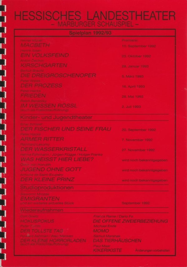 Hessisches Landestheater - Marburger Schauspiel Spielplan 1992 / 93