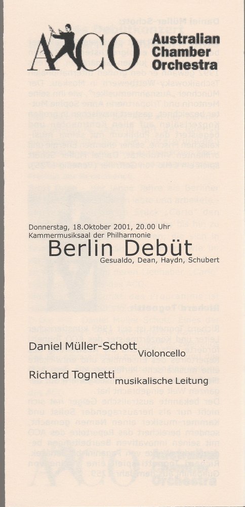 Programmheft AUSTRALIAN CHAMBER ORCHESTRA Kammermusiksaal Philharmonie 2001