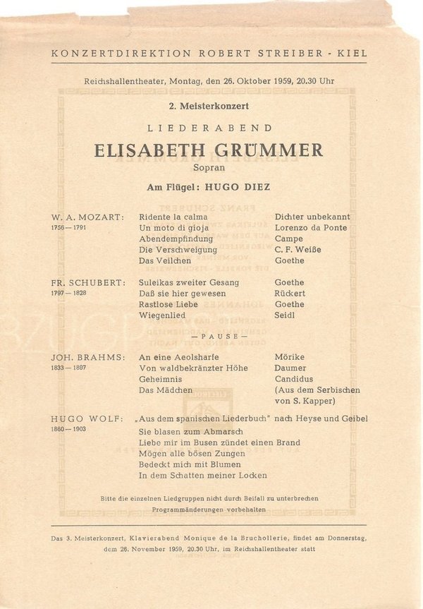 Theaterzettel 2. MEISTERKONZERT ELISABETH GRÜMMER Reichshallentheater Kiel 1959