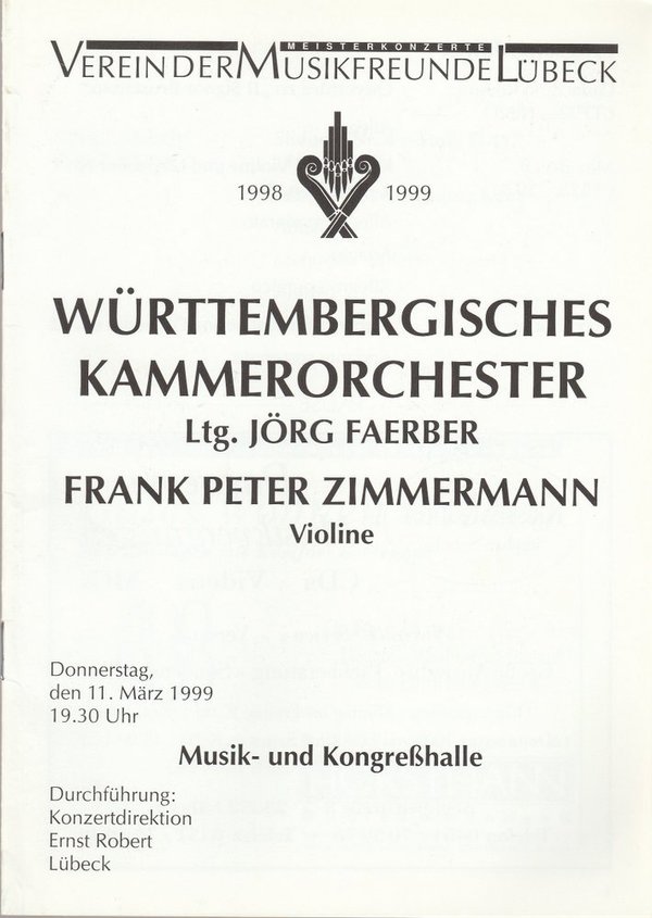 Programmheft WÜRTTEMBERGISCHES KAMMERORCHESTER JÖRG FAERBER Lübeck 1999