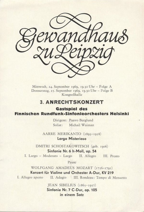 Theaterzettel 3. ANRECHTSKONZERT FINNISCHES RUNDFUNK-SINFONIEORCHESTER 1969