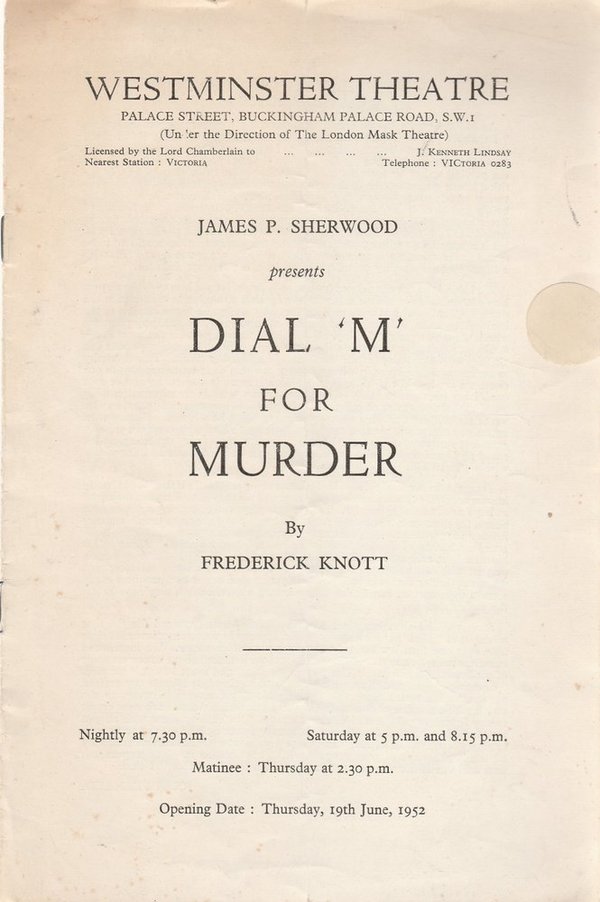 Programmheft Frederick Knott DIAL M FOR MURDER Westminster Theatre 1952