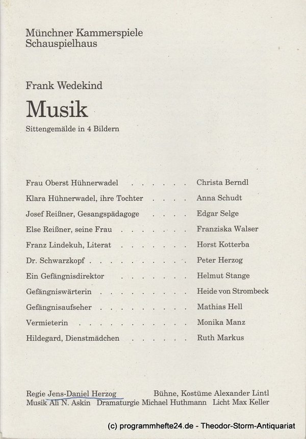 Programmheft MUSIK. Sittengemälde von Frank Wedekind. München 1995