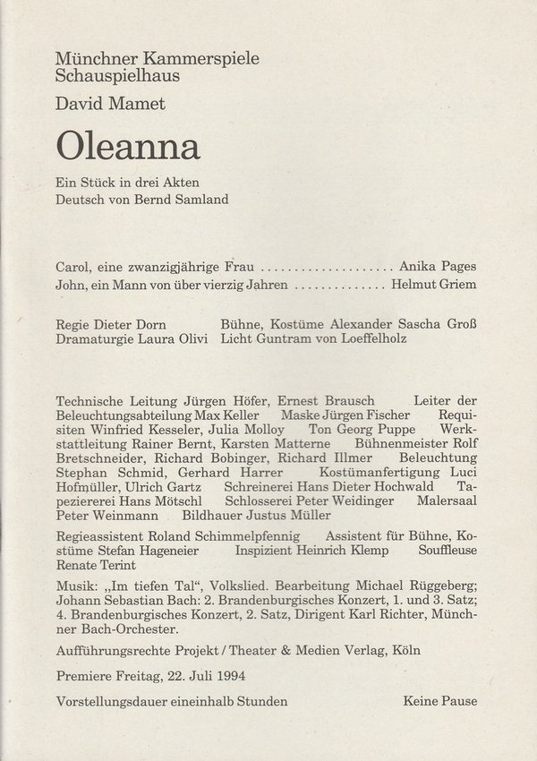 Programmheft Oleanna. Stück von David Mamet Münchner Kammerspiele 1994