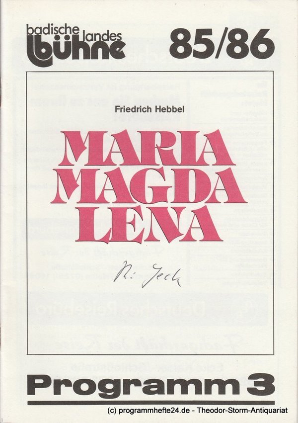 Programmheft Friedrich Hebbel: Maria Magdalena. Bruchsal 1985