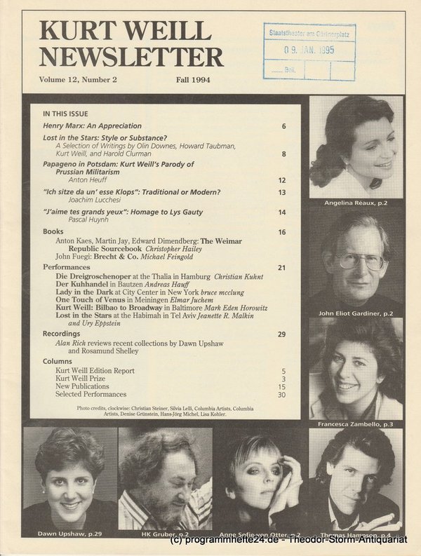 Kurt Weill Newsletter Volume 12, Number 2 Fall 1994 Kurt Weill Foundation