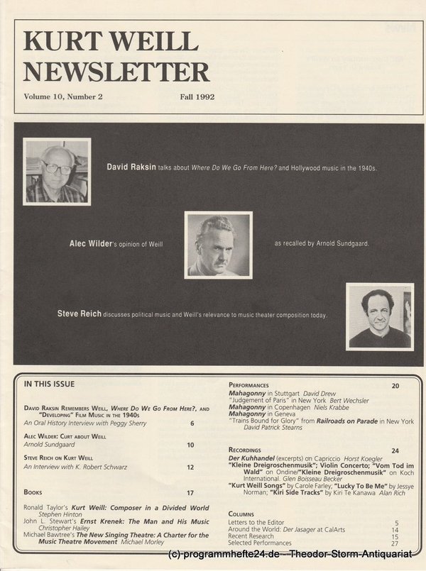 Kurt Weill Newsletter Volume 10, Number 2 Fall 1992 Kurt Weill Foundation