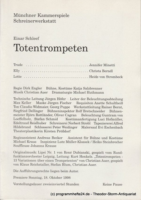 Programmheft TOTENTROMPETEN Einar Schleef Münchner Kammerspiele 1998