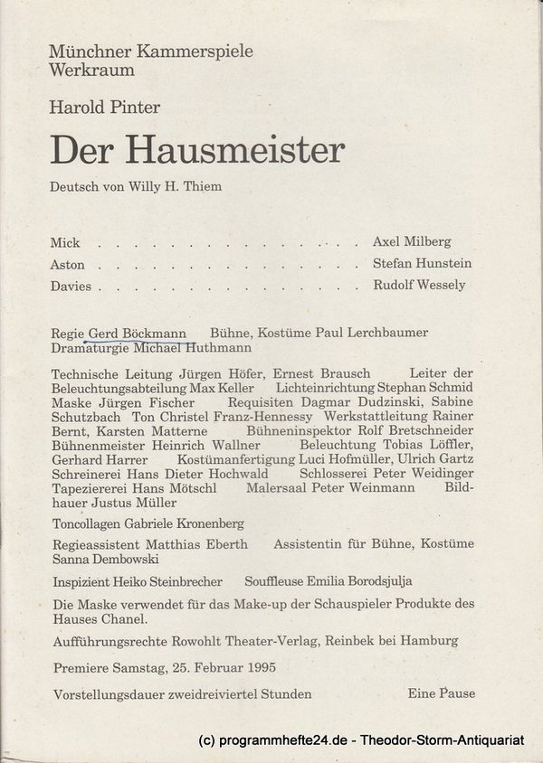 Programmheft DER HAUSMEISTER von Harold Pinter Münchner Kammerspiele 1995