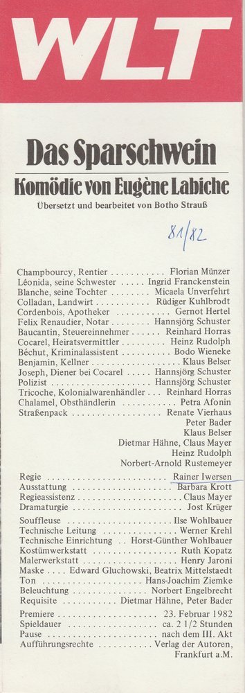 Programmheft Das Sparschwein von Eugene Labiche Westfälisches Landestheater 1982