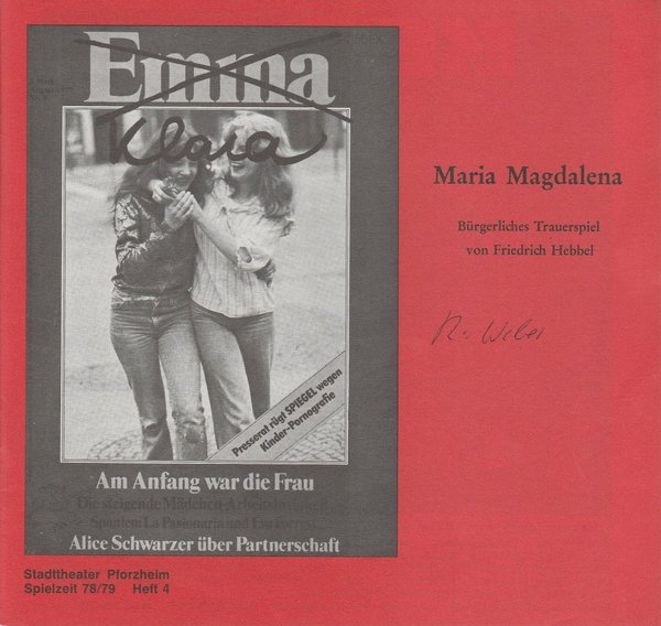 Programmheft Maria Magdalena von Friedrich Hebbel Stadttheater Pforzheim 1978
