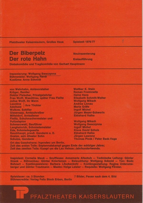 Programmheft Der Biberpelz / Der rote Hahn Pfalztheater Kaiserslautern 1977
