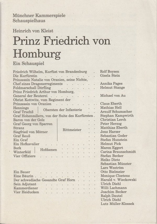 Programmheft Prinz Friedrich von Homburg Münchner Kammerspiele 1995