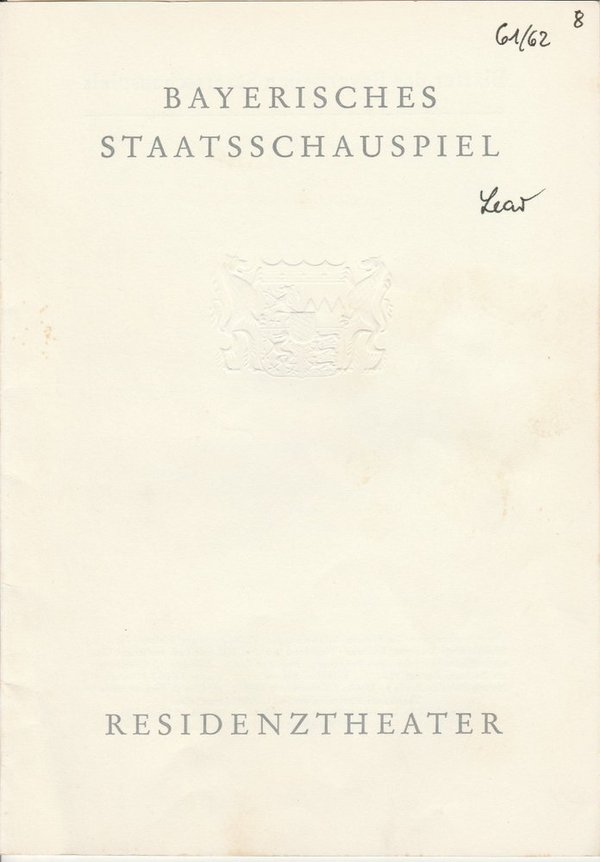 Programmheft KÖNIG LEAR von William Shakespeare Residenztheater 1962