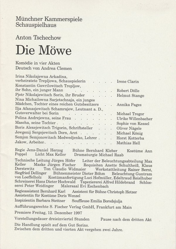 Programmheft Die Möwe von Anton Tschechow Münchner Kammerspiele 1997