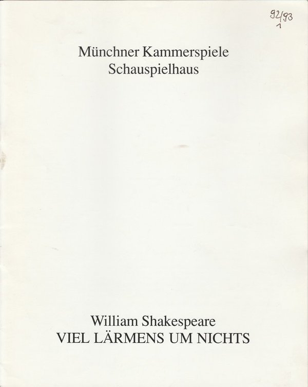 Programmheft Viel Lärm um nichts Münchner Kammerspiele 1992