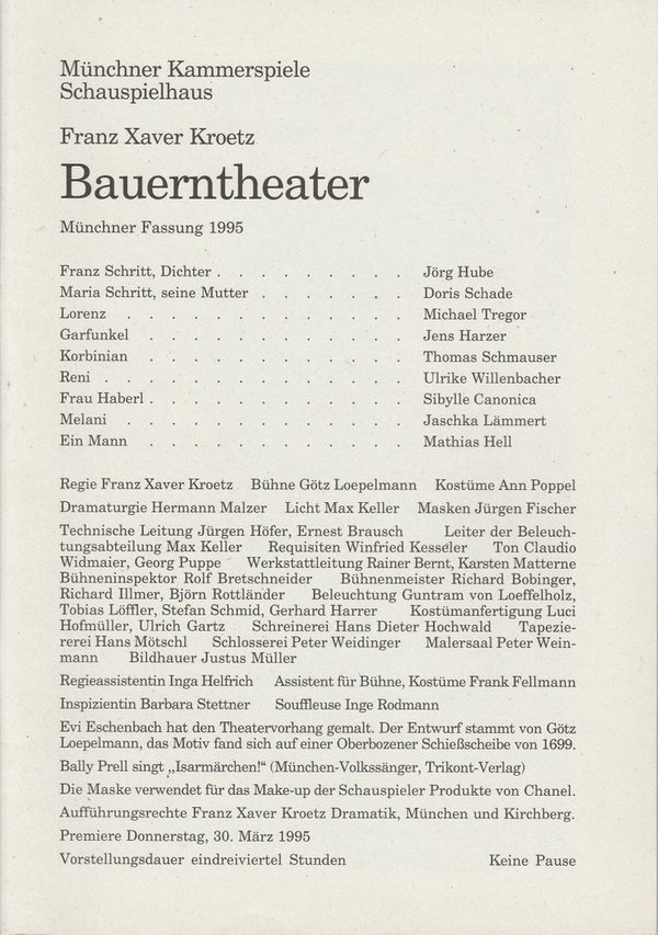Programmheft Bauerntheater von Franz Xaver Kroetz Münchner Kammerspiele 1995