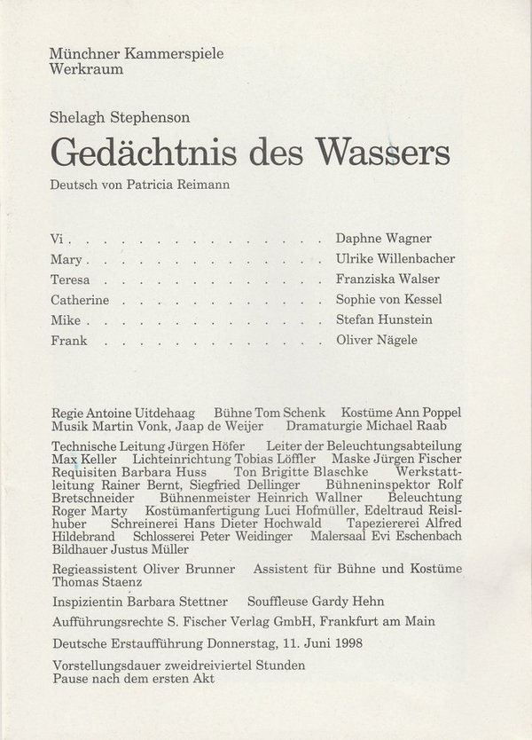 Programmheft Gedächtnis des Wassers Münchner Kammerspiele 1998