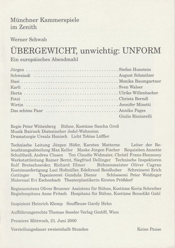 Programmheft ÜBERGEWICHT, unwichtig: UNFORM Münchner Kammerspiele 2000