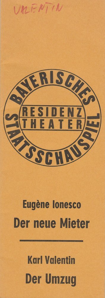 Programmheft Ionesco: Der neue Mieter / Valentin: Der Umzug Residenztheater 1972