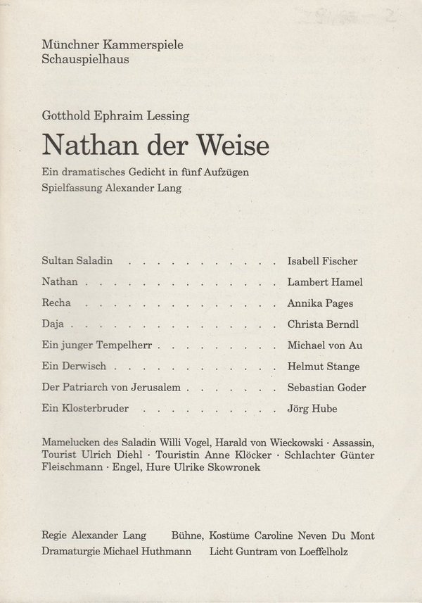 Programmheft Nathan der Weise Lessing Münchner Kammerspiele 1994