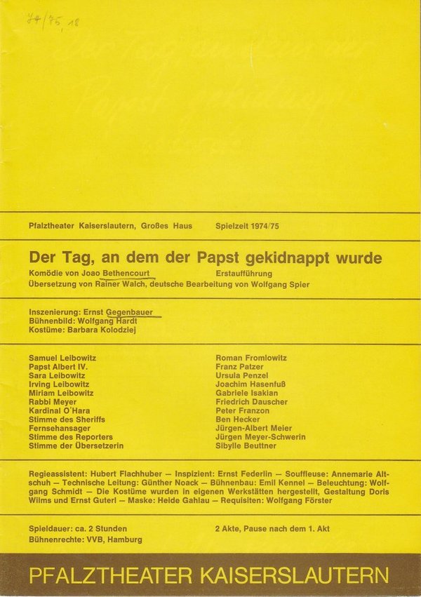 Programmheft Der Tag, an dem der Papst gekidnappt wurde Kaiserslautern 1975
