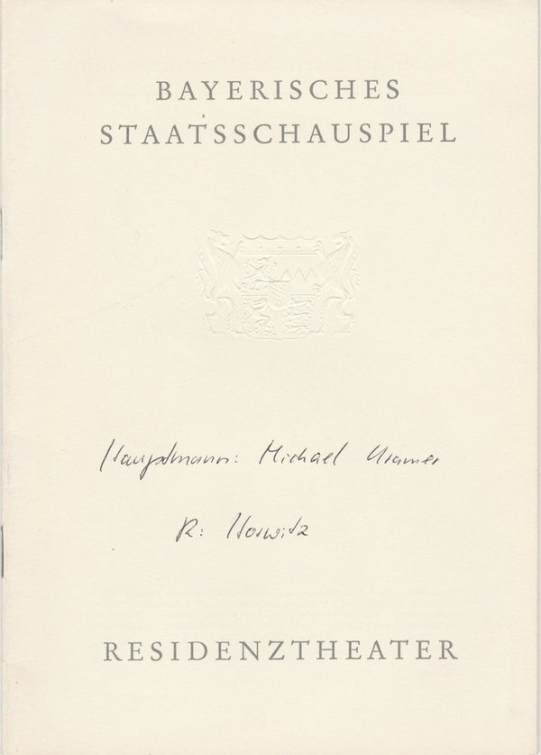 Programmheft MICHAEL KRAMER von Gerhart Hauptmann Residenztheater 1961