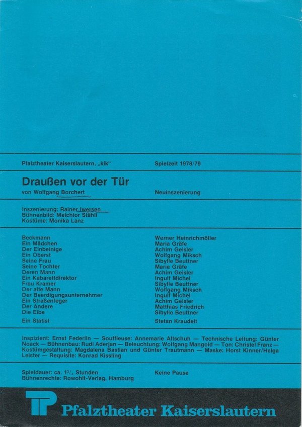 Programmheft Draußen vor der Tür von Wolfgang Borchert Kaiserslautern 1979