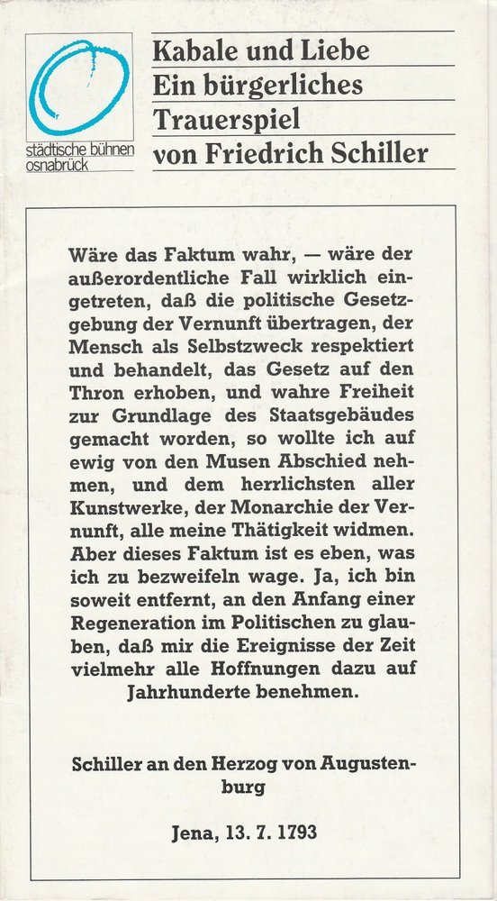 Programmheft Friedrich Schiller Kabale und Liebe Osnabrück 1988