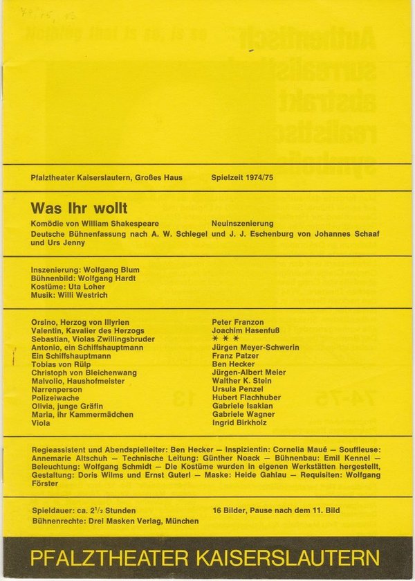 Programmheft WAS IHR WOLLT Komödie von William Shakespeare Kaiserslautern 1975