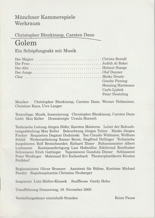 Programmheft Uraufführung GOLEM von Christopher Blenkinsop und Carsten Dane 2000