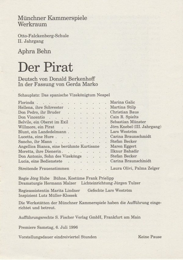 Programmheft Aphra Behn: DER PIRAT Otto-Falckenberg-Schule 1996