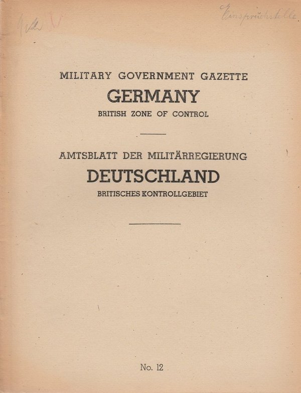 Military Government Gazette Germany British Zone of Control No. 12