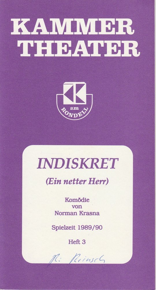 Programmheft INDISKRET Ein netter Herr N. Krasna Kammertheater Karlsruhe 1989