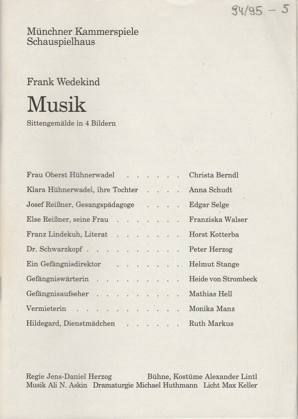 Programmheft MUSIK. Sittengemälde von Frank Wedekind Münchner Kammerspiele 1995