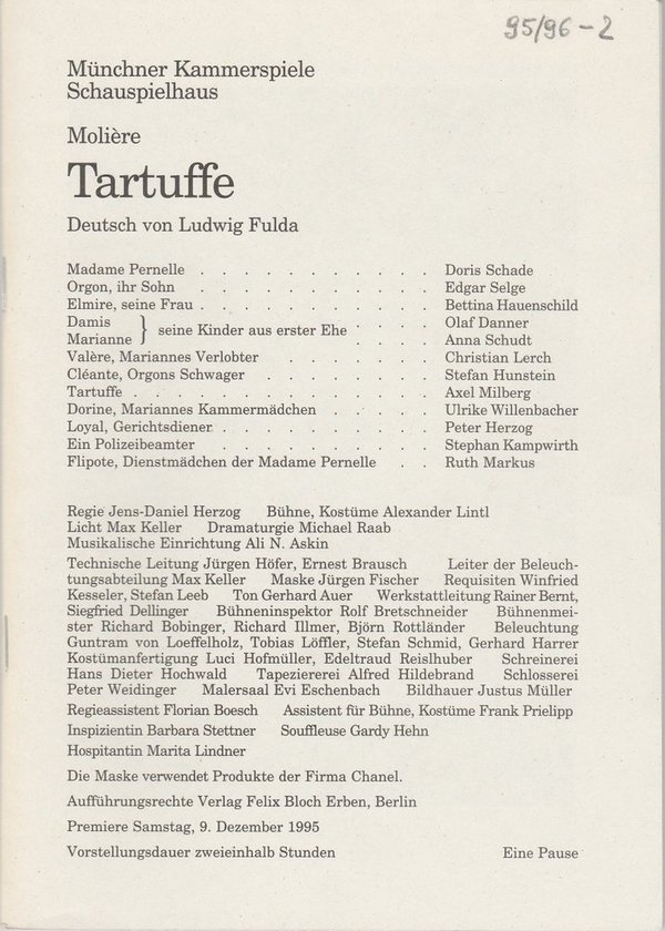 Programmheft Tartuffe von Moliere Münchner Kammerspiele 1995