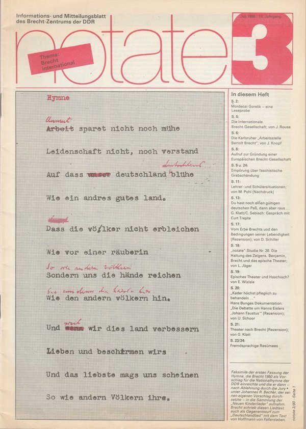 notate 3 Juli 1990 Mitteilungsblatt des Brecht-Zentrums der DDR