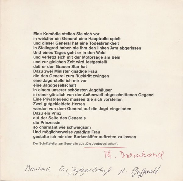 Programmheft DIE JAGDGESELLSCHAFT von Thomas Bernhard Hannover 1984