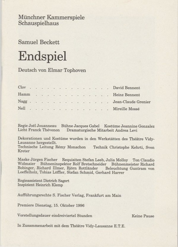 Programmheft ENDSPIEL von Samuel Beckett Münchner Kammerspiele 1996
