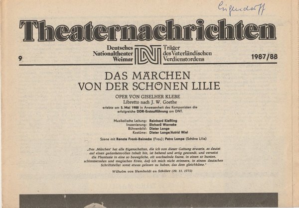 Theaternachrichten Deutsches Nationaltheater Weimar 9 - 1987 / 88