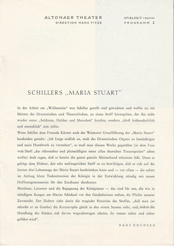 Programmheft MARIA STUART von Friedrich Schiller Altonaer Theater 1963