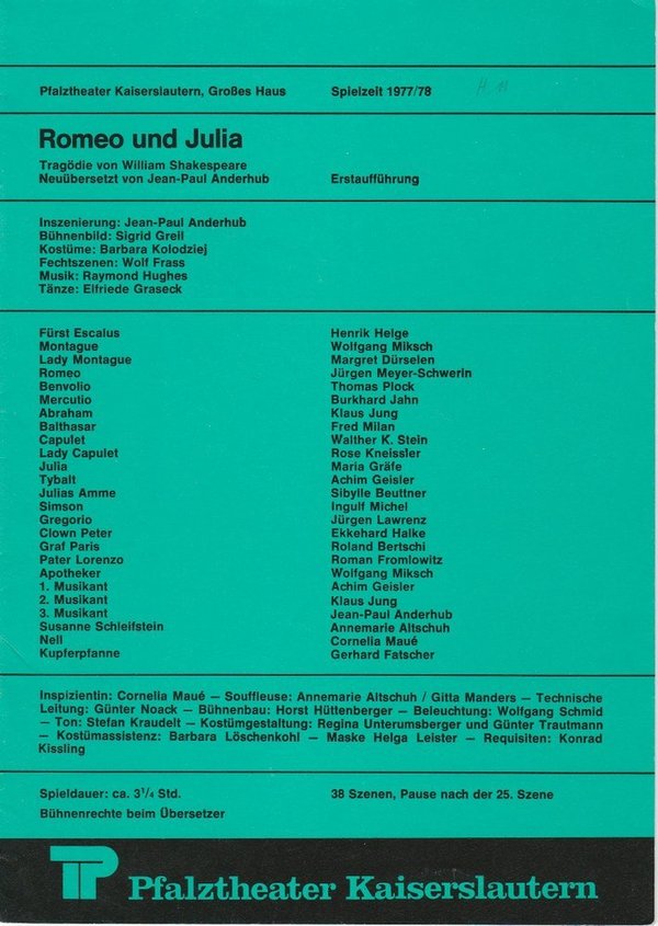 Programmheft Shakespeare Romeo und Julia Pfalztheater Kaiserslautern 1978