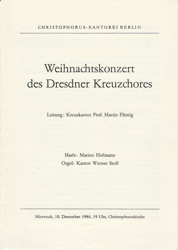 Programmheft Weihnachtskonzert des Dresdner Kreuzchores Berlin 1986