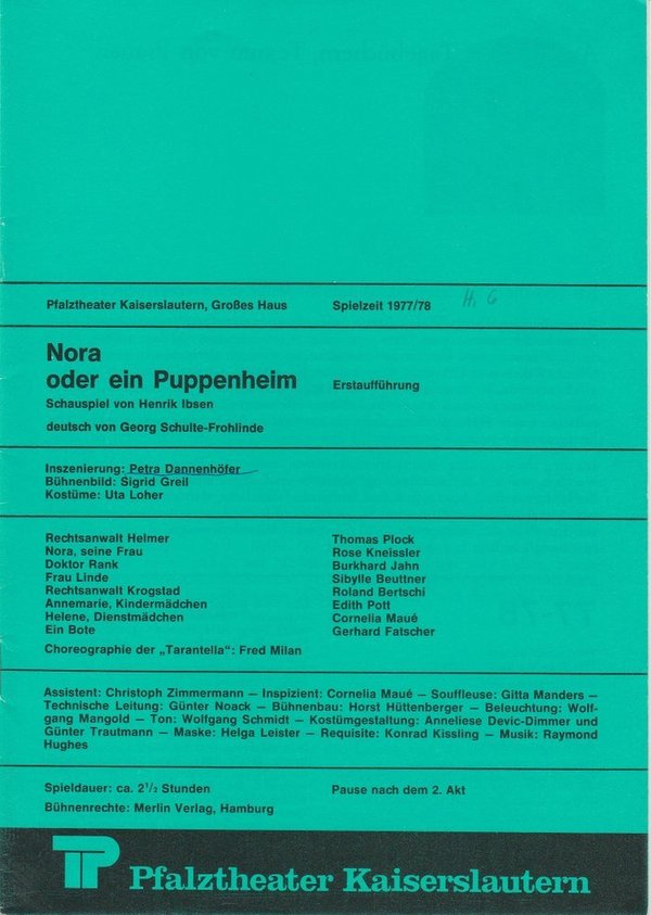 Programmheft Henrik Ibsen: NORA Pfalztheater Kaiserslautern 1977